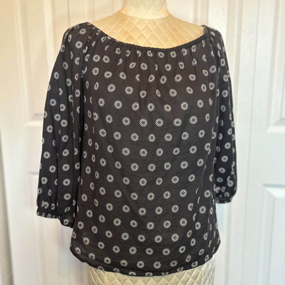 ANTHROPOLOGIE Maeve Navy Blue + White Maiden Off-The-Shoulder Blouse, Size M